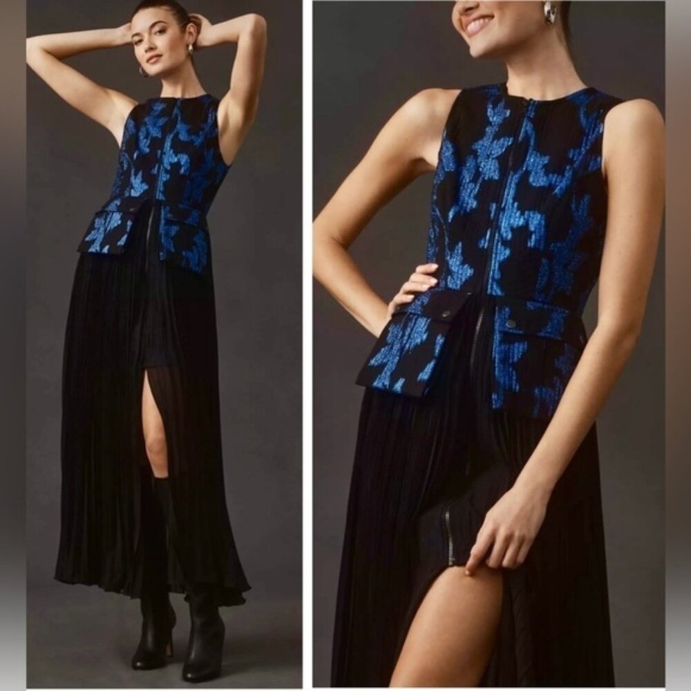 Anthropologie Bhanuni by Jyoti Sleeveless Metallic Jacquard Pleated Midi Dress